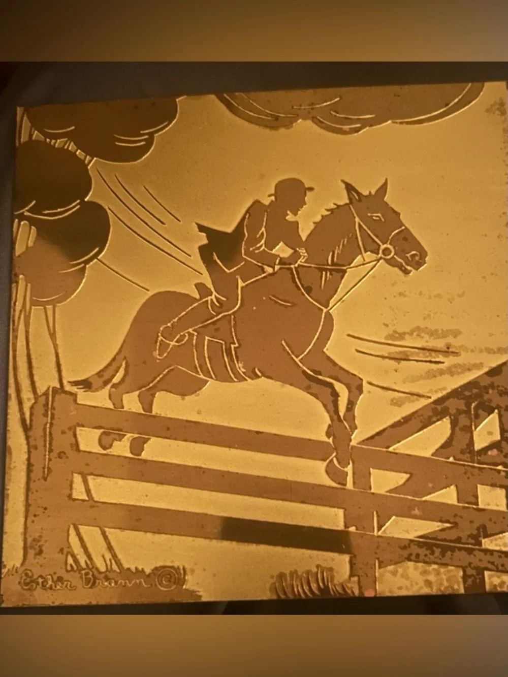 Vintage gilt & acid-etched metal of horse & rider by artist Esther Brann.